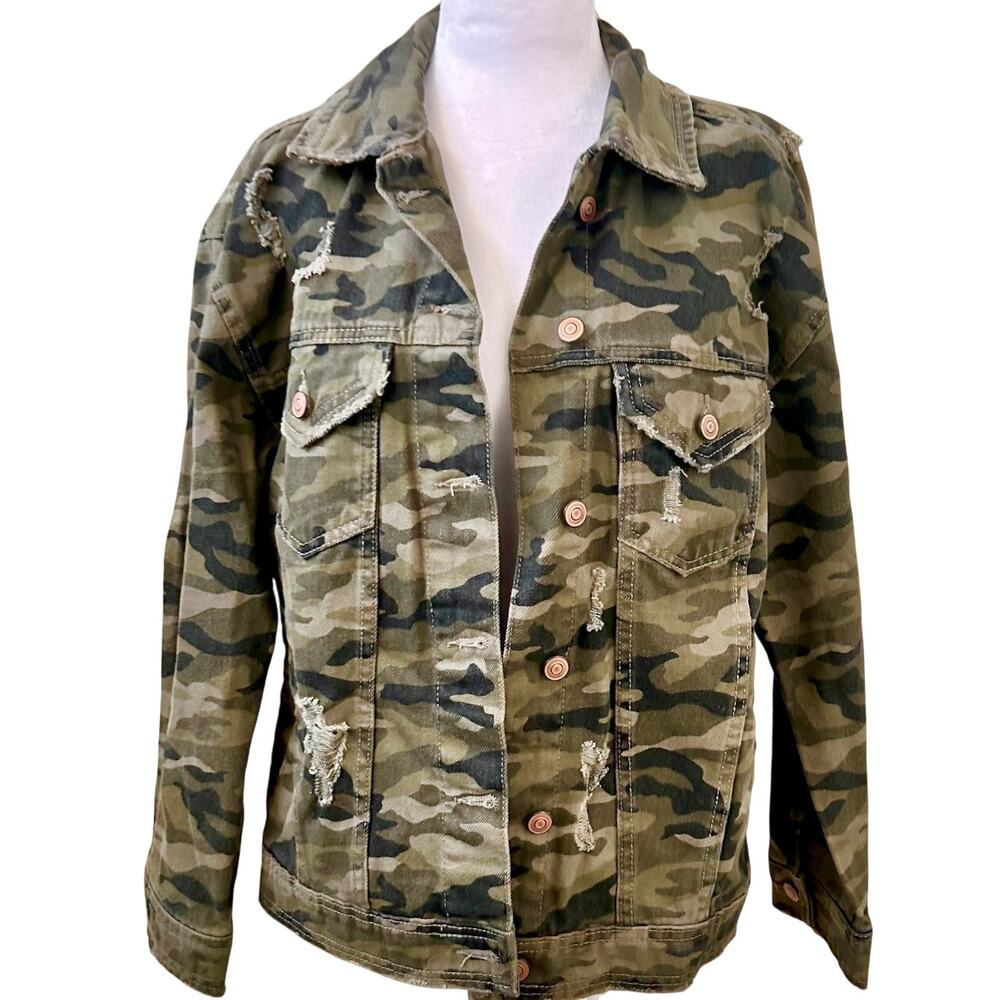 Camo Military Denim Canvas Utility Jacket Grunge Coat Women Size Large/XL USA - Picture 1 of 9